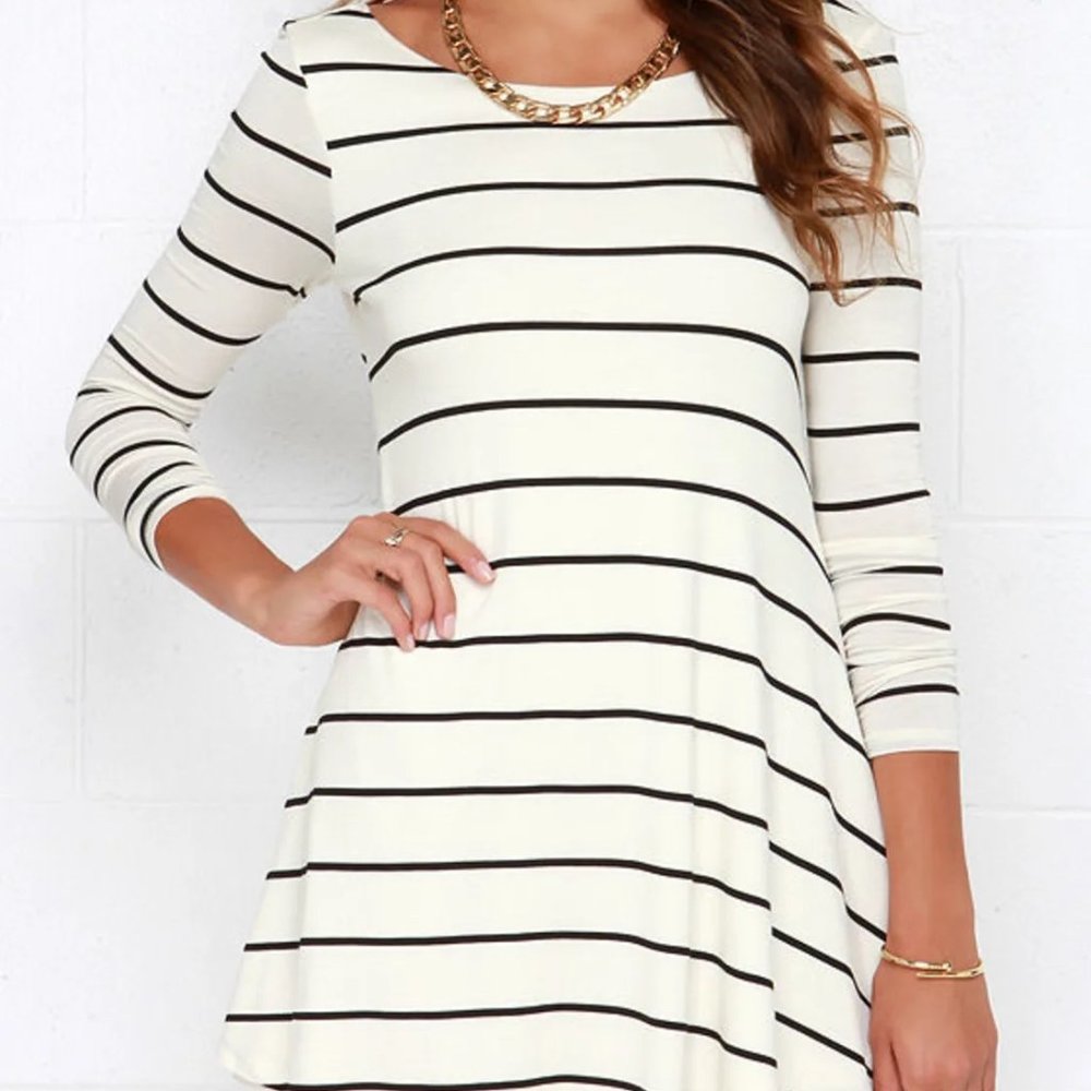 Lulu's Swing Along Black and Ivory Striped Long Sleeve Dress